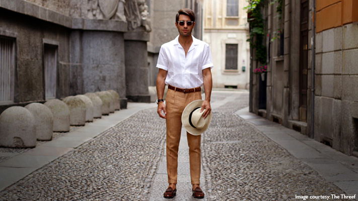 beige trousers white shirt