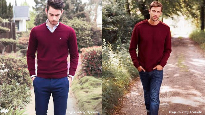 burgundy pants blue shirt